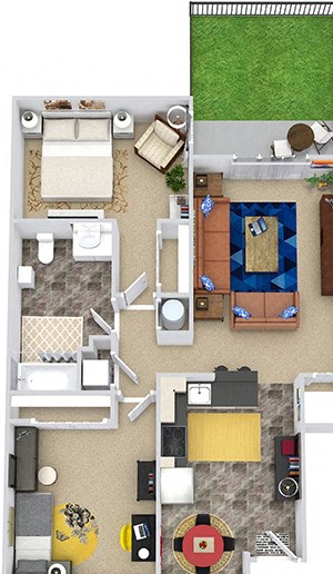 The Monitor with Fenced-in Yard 3D Monitor 2 bedroom apartment with yard. Eat-in Kitchen open to living area. 1 large bath. In-unit Laundry. Large closets in bedrooms. patio.